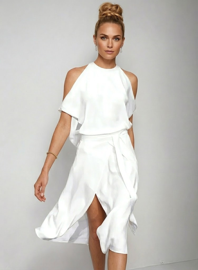 Women's Bare Shoulder Draped Waist Wool Midi Dress