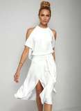 Women's Bare Shoulder Draped Waist Wool Midi Dress