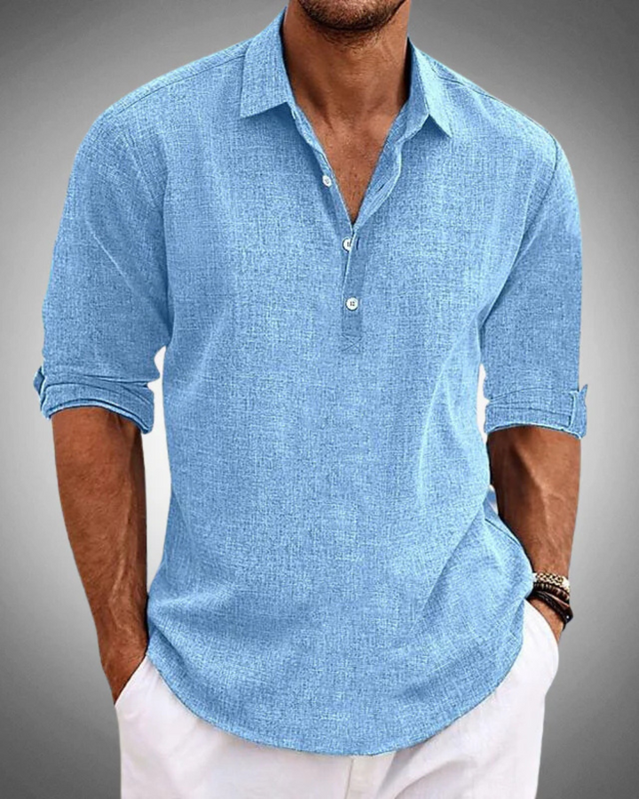 Men's Linen Henley Long Sleeve Casual Beach Shirt