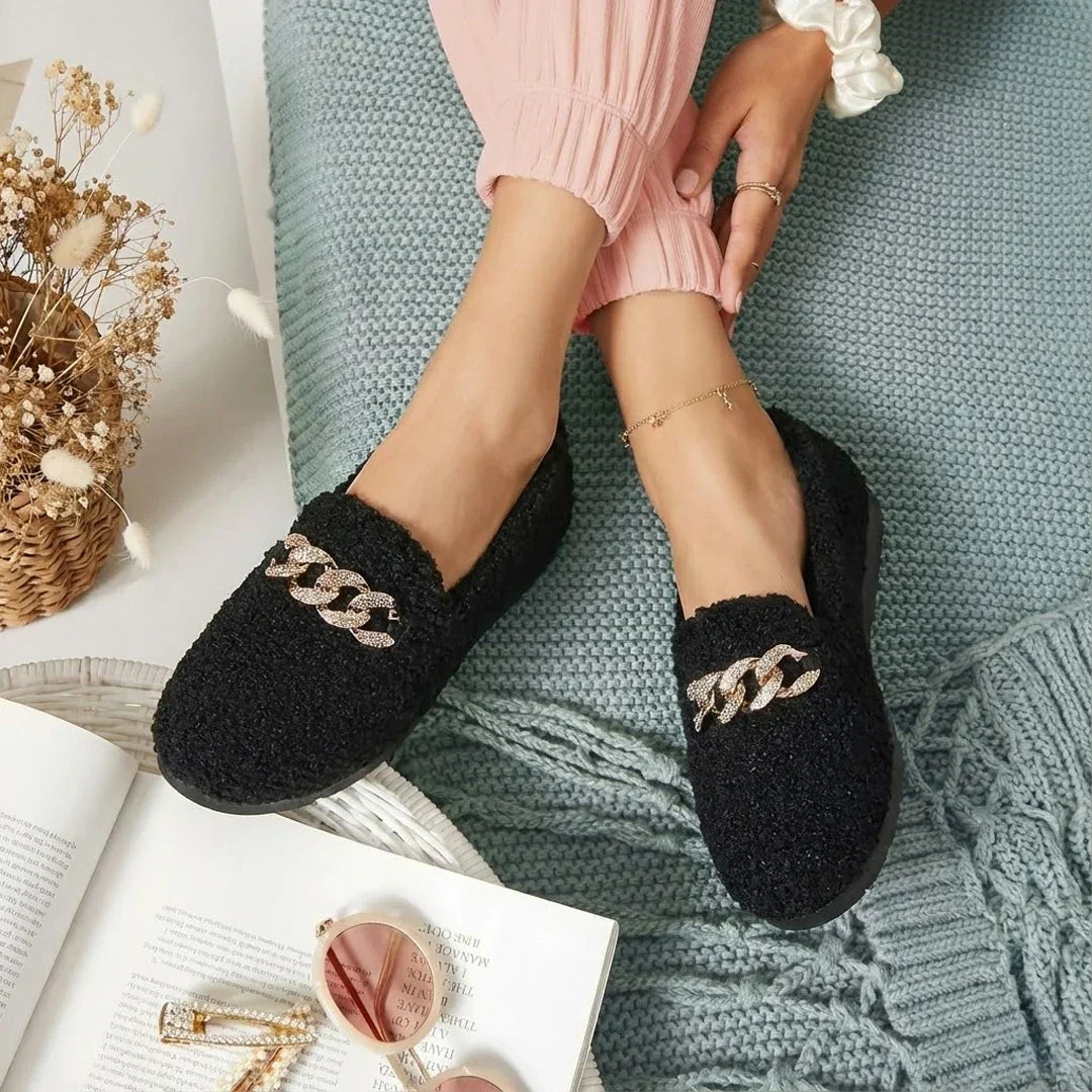 Women's Fleece Chain Loafer Slippers Flat House Shoes