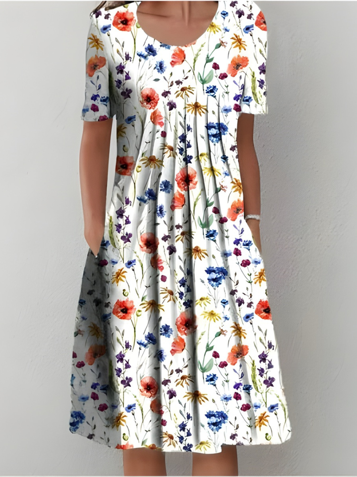 Women's Linen Floral Sundress Casual Short Sleeve Midi Dress
