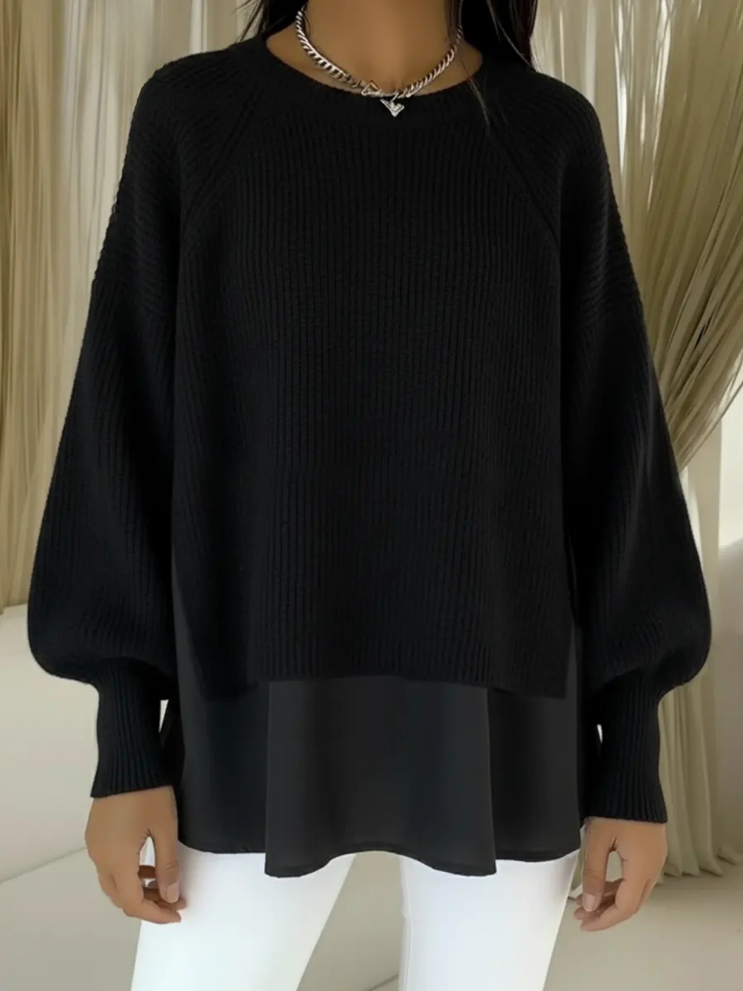 Women's Two-Piece Patchwork Knit Sweater Lantern Sleeve