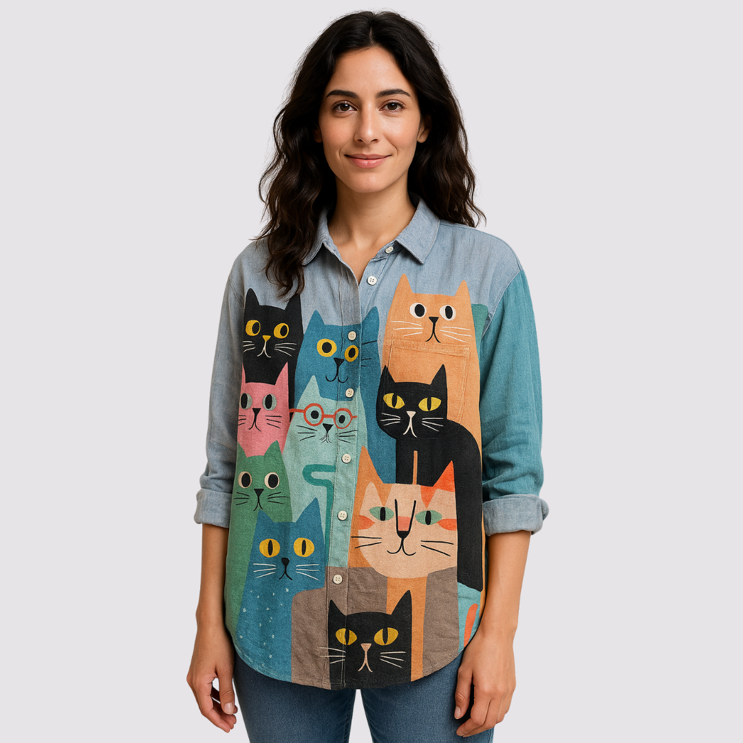 Women’s Linen Cat-Print Long Sleeve Button-Up Blouse