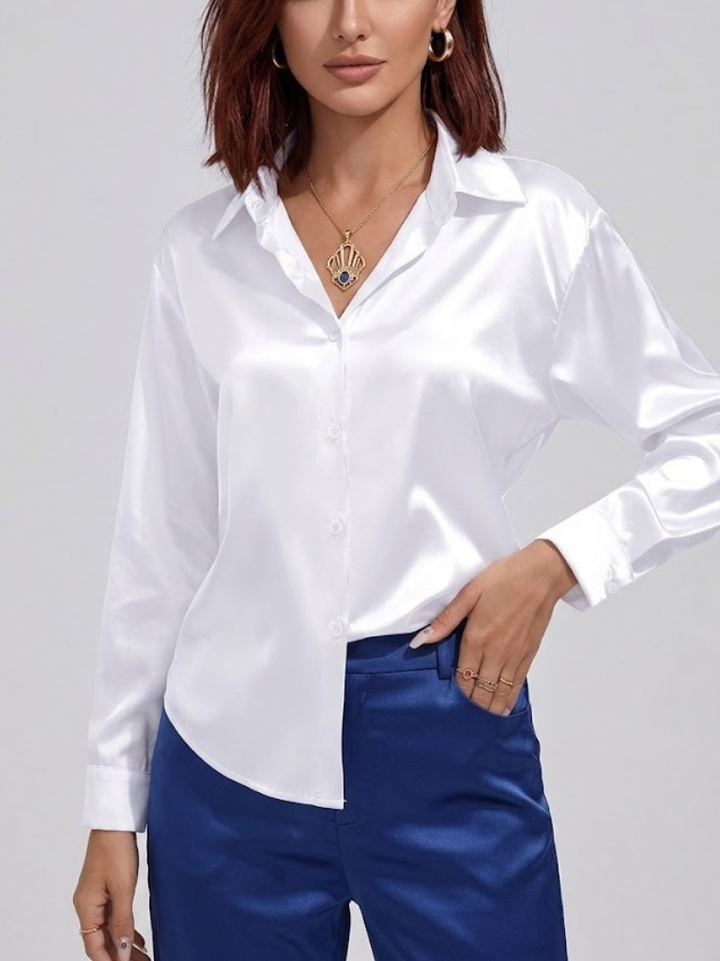 Women's Satin Long Sleeve Button Down Shirt Office Blouse