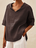 Women's Linen Blouse V-Neck Casual Loose Tunic Top