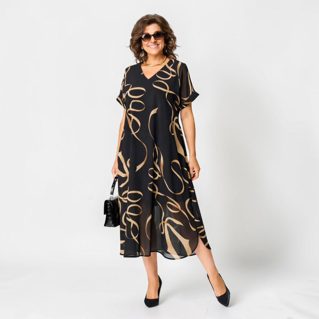 Women's Printed Chiffon Casual Short Sleeve V-Neck Midi Dress 
