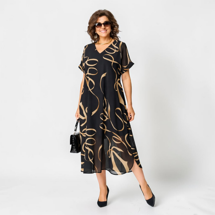 Women's Printed Chiffon Casual Short Sleeve V-Neck Midi Dress 