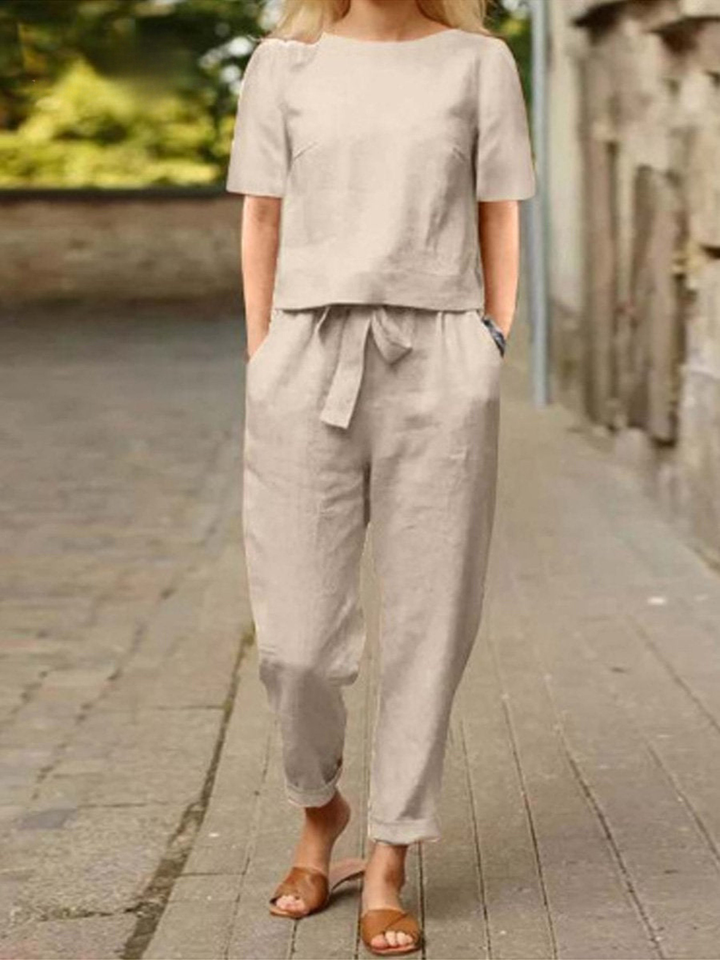 Women's Linen Two Piece Set Short Sleeve Top and Trousers Outfits