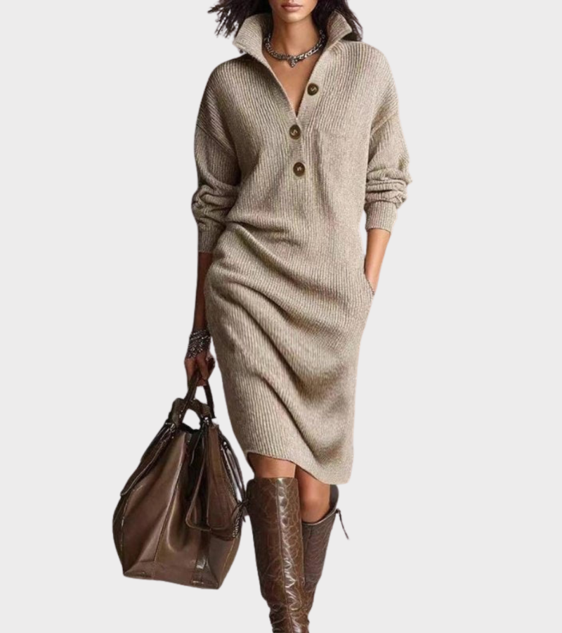 Women's Knit Long-Sleeve Button-Placket Polo Midi Dress