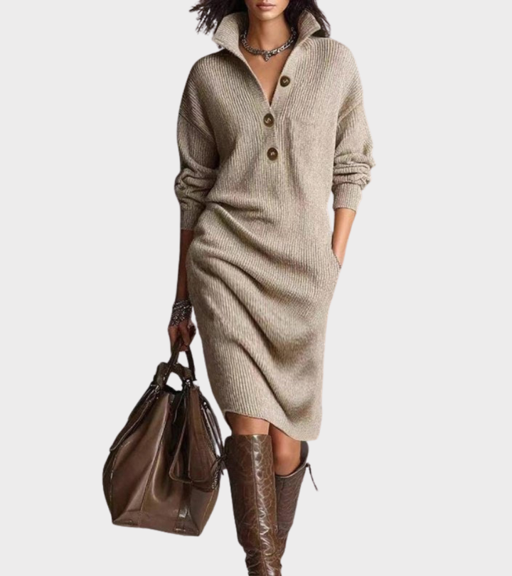 Women's Knit Long-Sleeve Button-Placket Polo Midi Dress