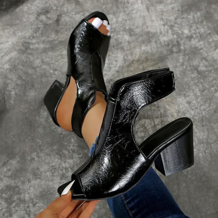 Women's Leather Open Toe Block Heel Mules