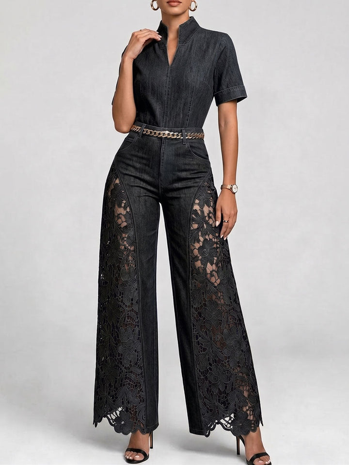 Women's Denim Wide Leg Lace Inset Jumpsuit
