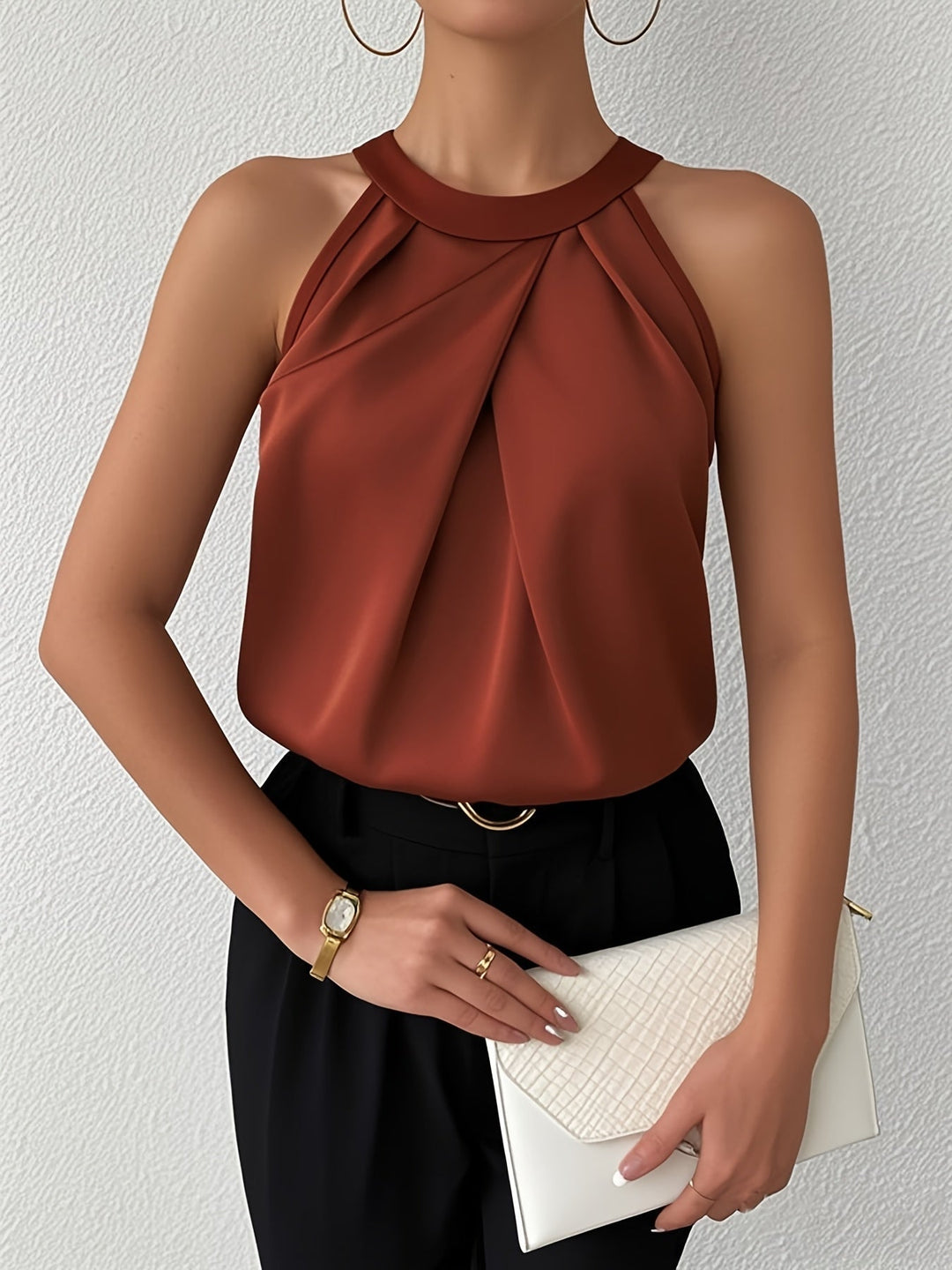 Women's Satin Halter Neck Pleated Sleeveless Blouse Top