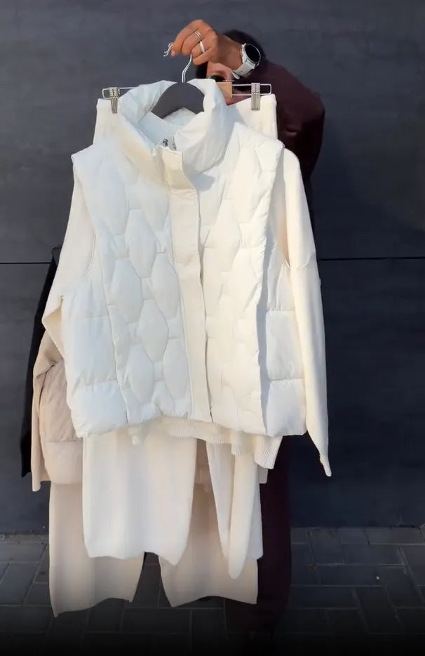 Women's Three-Piece Knit Loungewear Set with Puffer Vest