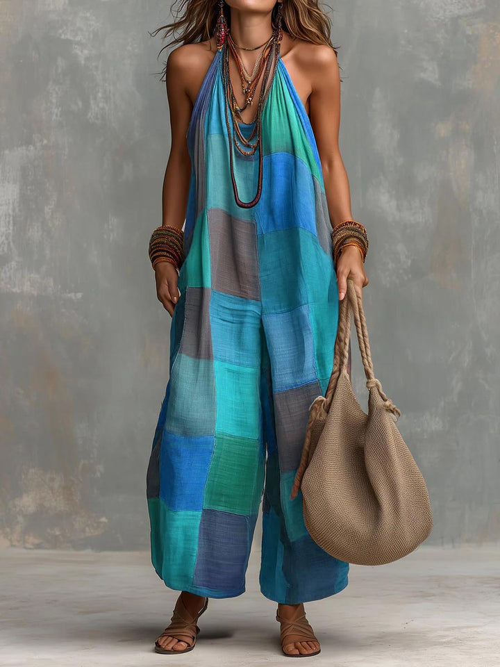 Women's Linen Patchwork Halter Neck Wide Leg Jumpsuit