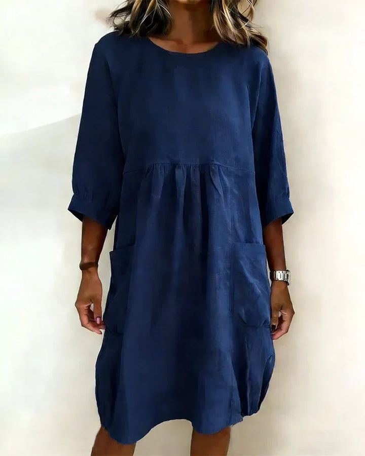 Women's Linen Crewneck Pocket Gathered Loose Dress