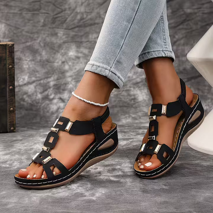 Women’s Leather Open-Toe Slingback Wedge Sandals