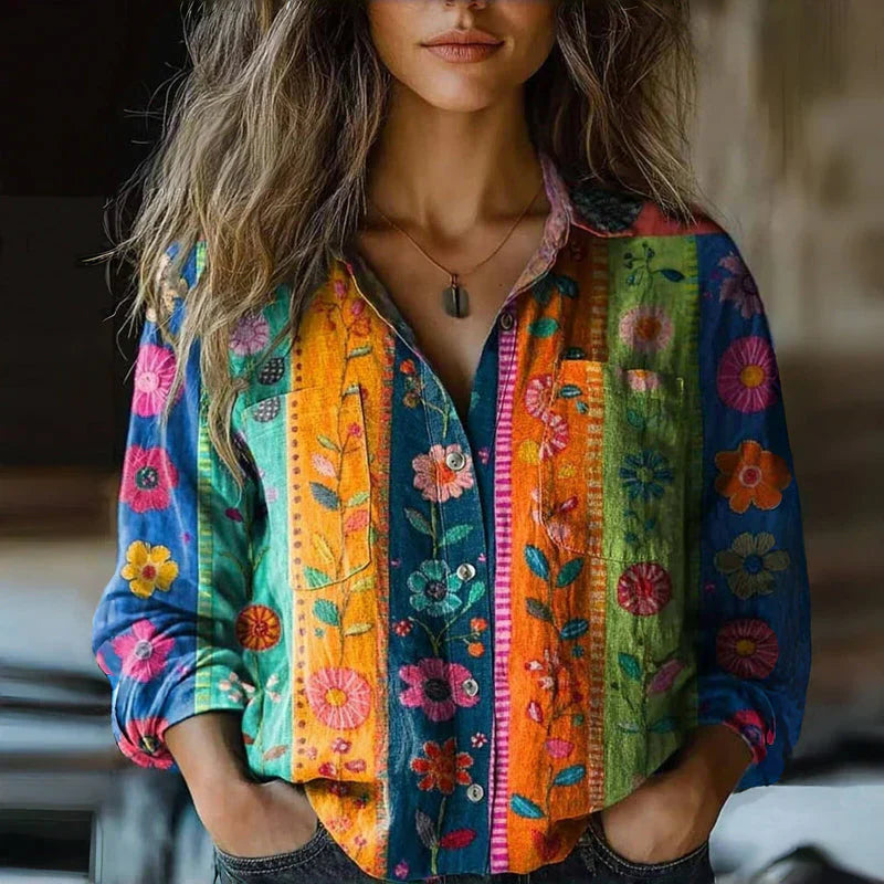Women's Blouse Cotton Vintage Print Summer Long Sleeve Shirt