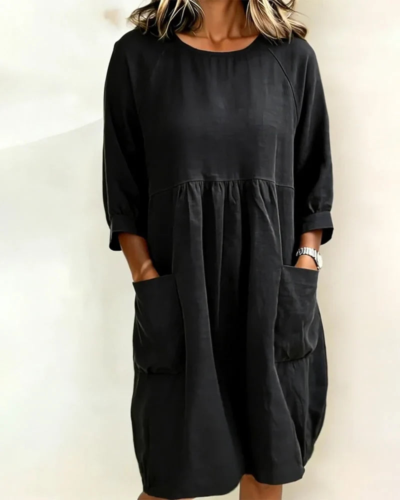 Women's Linen Crewneck Pocket Gathered Loose Dress