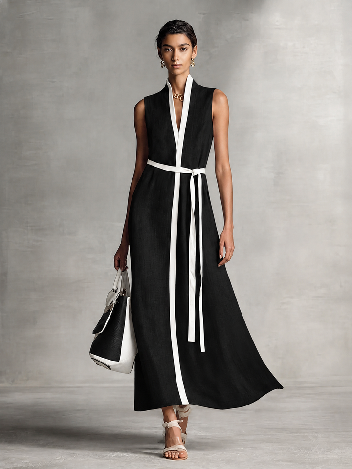 Women's Linen Sleeveless Plunge V-Neck Belted Maxi Dress