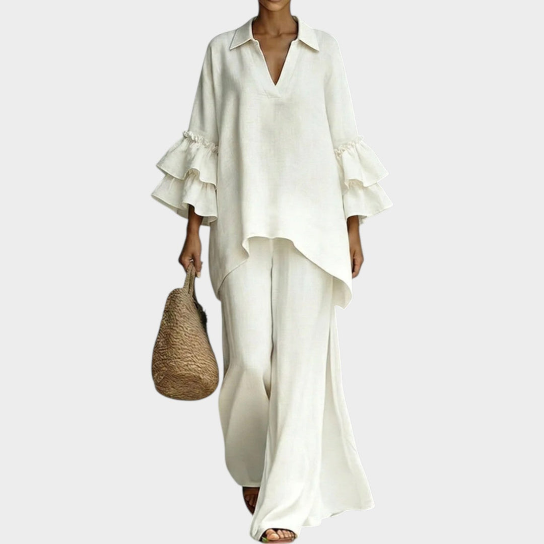 Women's Linen Ruffle 2 Piece Set Wide Leg Pants Coord
