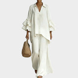 Women's Linen Ruffle 2 Piece Set Wide Leg Pants Coord