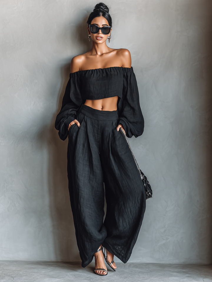 Women's Linen Blend Off-Shoulder Long Sleeve Crop Top & Wide-Leg Pants Set