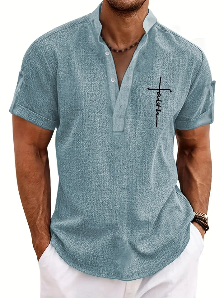 Men Henley Linen Shirt Casual Short Sleeve Cross Graphic Tee