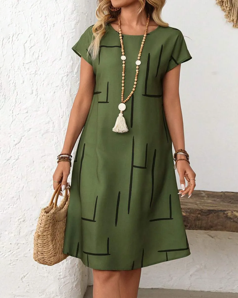 Women's Short Sleeve Linen Midi Shift Dress