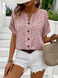Women's Linen Floral Print V Neck Short Sleeve Button Up Blouse