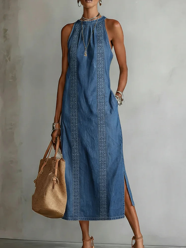 Women's Denim Halter Neck Sleeveless Casual A-Line Maxi Dress