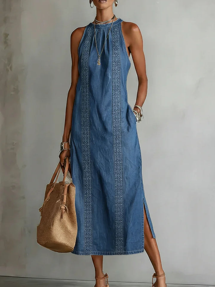 Women's Denim Halter Neck Sleeveless Casual A-Line Maxi Dress