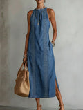 Women's Denim Halter Neck Sleeveless Casual A-Line Maxi Dress