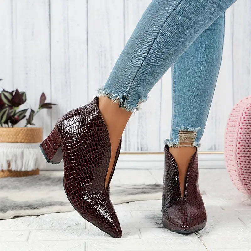 Women's Leather Pointed Toe V Cut Chunky Heel Ankle Boots