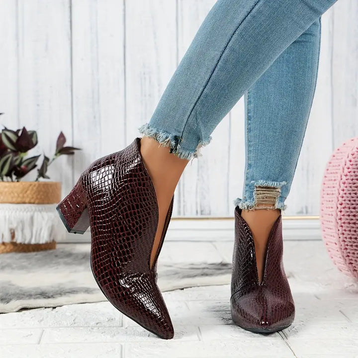 Women's Leather Pointed Toe V Cut Chunky Heel Ankle Boots