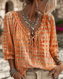 Women's Blouse Linen Boho V-Neck Long Sleeve Patterned Tunics