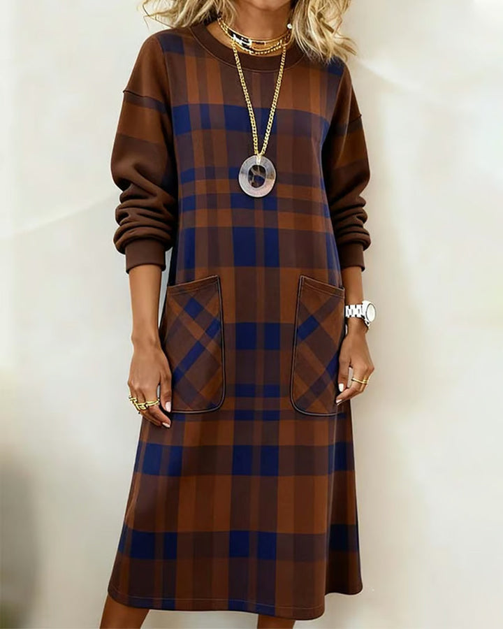 Women's Knit Round-Neck Plaid Shift Dress