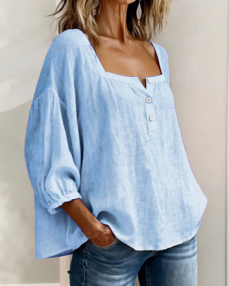 Women's Linen Blouse Square Neck Long Sleeve Casual Top Shirt