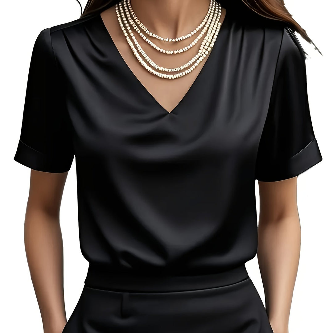 Women's Satin Blouse V Neck Short Sleeve Top Elegant Shirt