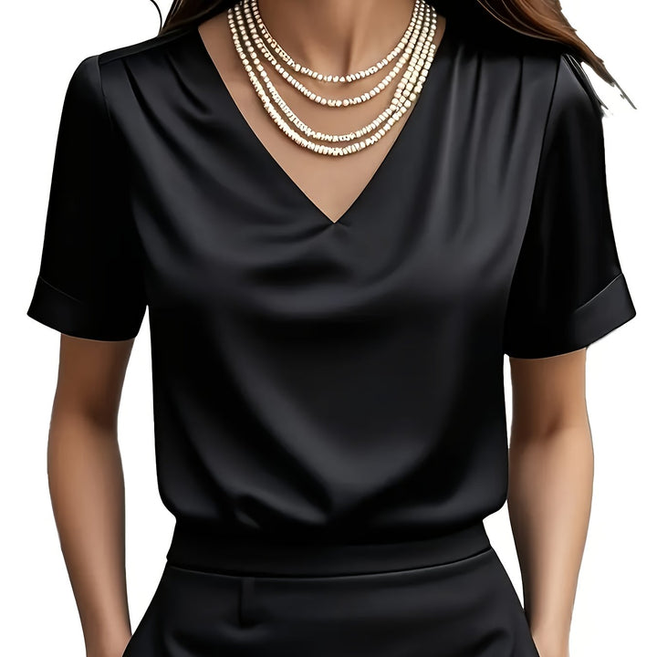 Women's Satin Blouse V Neck Short Sleeve Top Elegant Shirt