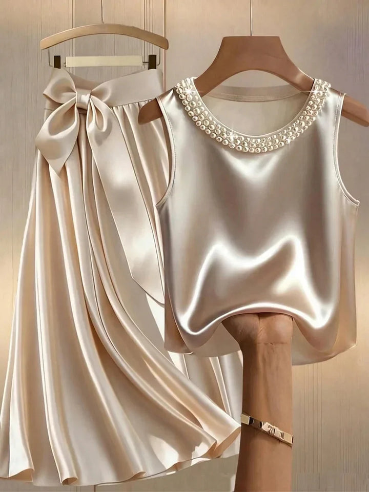 Women’s Satin Pearl-Neck Sleeveless Tie-Waist Midi Dress