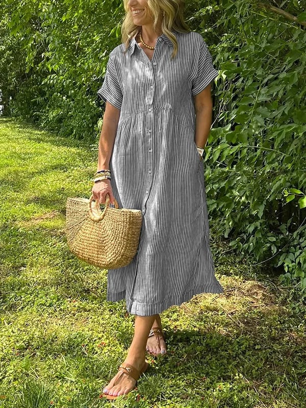 Linen Maxi Dress Women's Short Sleeve V-Neck Loose Fit Casual Shirt Dress