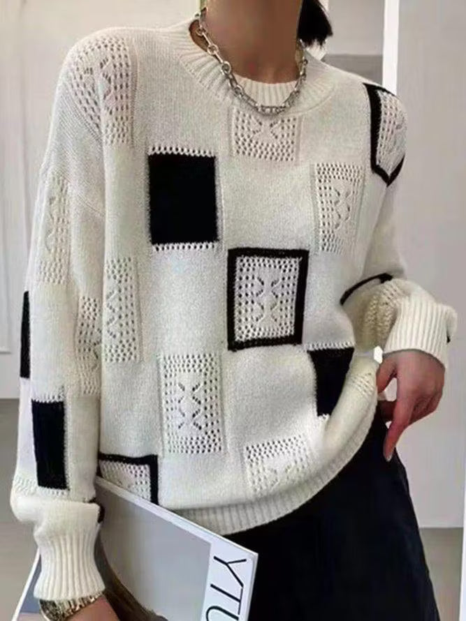 Női gyapjúkeverék kötött patchwork geometrikus mintás pulóver
