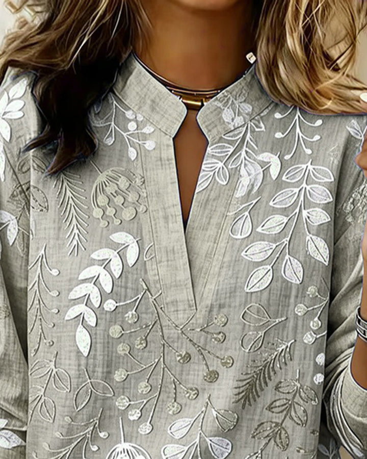 Women's Floral Print Linen V-Neck Long Sleeve Blouse