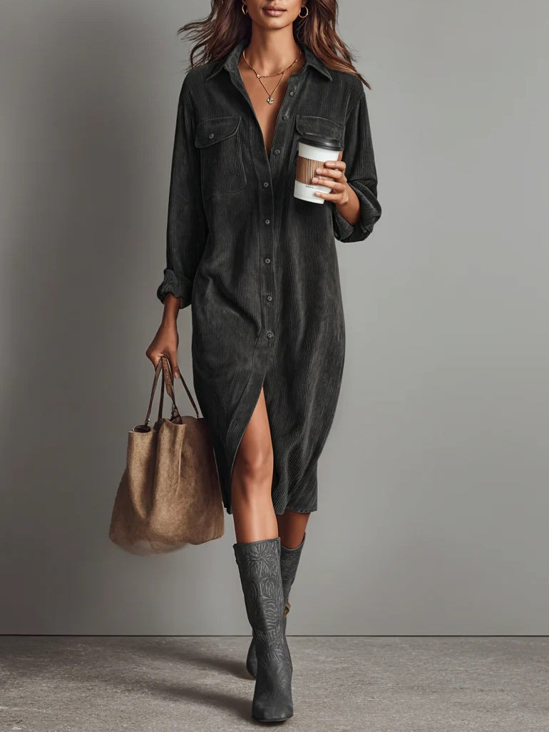 Women's Corduroy Long-Sleeve Midi Shirt Dress