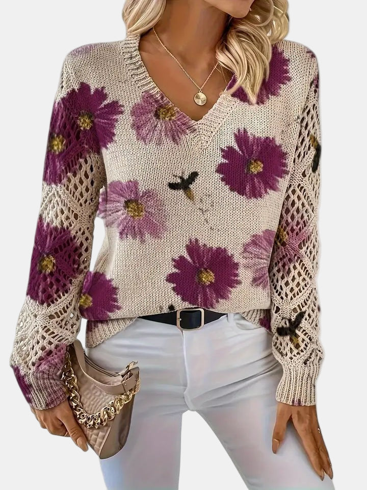 Women's Long Sleeve Knit V-Neck Floral Sweater Jumper