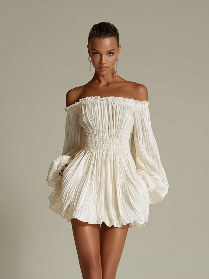 Robe de cocktail courte en mousseline pour femme, épaules dénudées et manches bouffantes