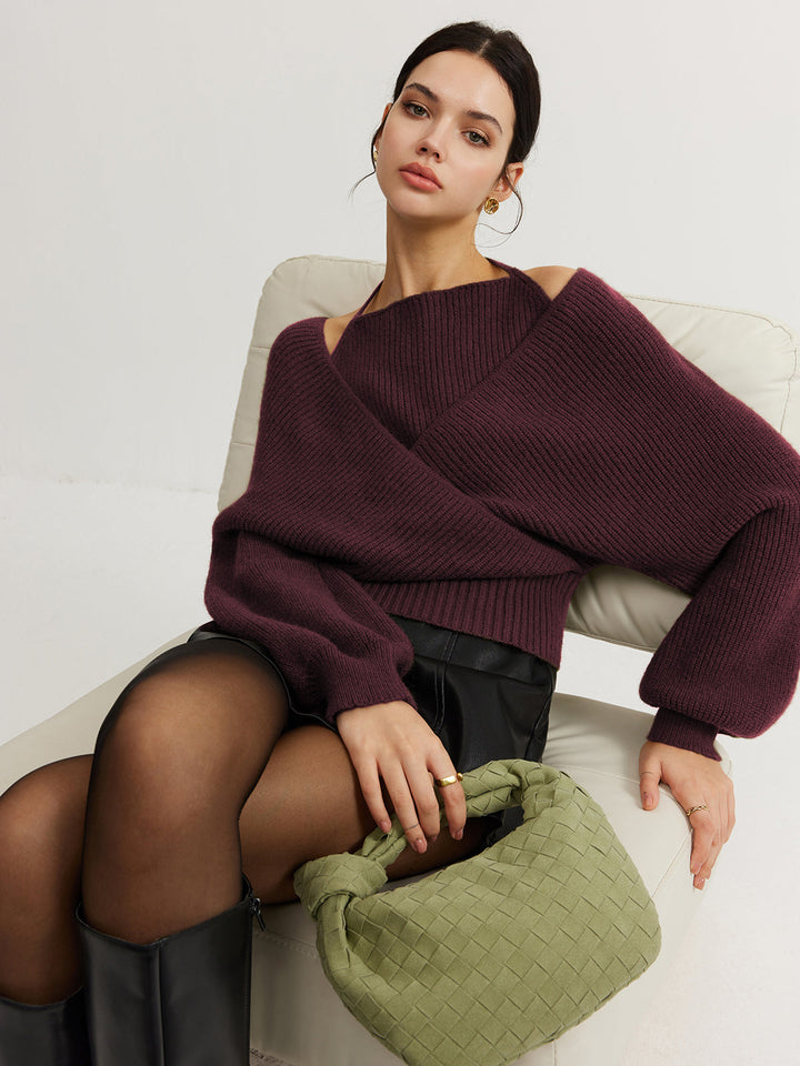 Női kötött átlapolós pulóver, hosszú ujjú felső kryssyinkKnitted Wrap Sweater