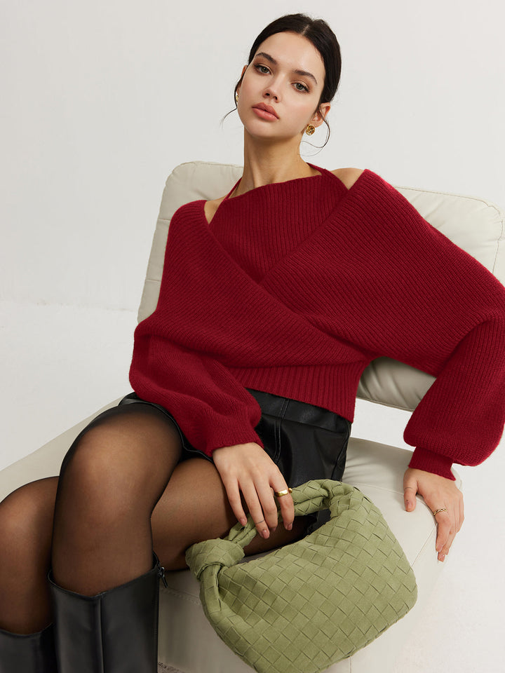 Női kötött átlapolós pulóver, hosszú ujjú felső kryssyinkKnitted Wrap Sweater