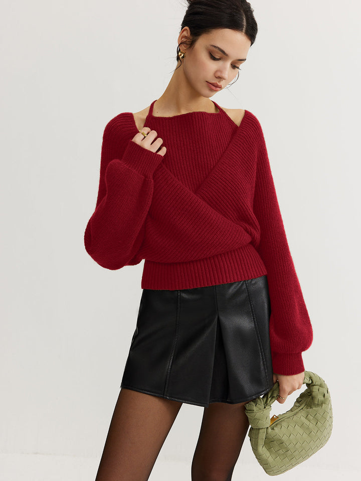 Női kötött átlapolós pulóver, hosszú ujjú felső kryssyinkKnitted Wrap Sweater